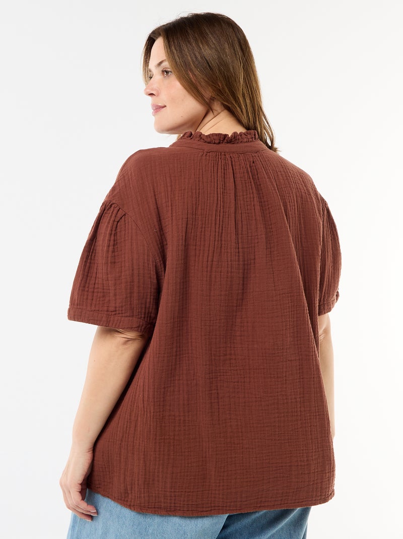 Blusa em gaze de algodão com gola franzida Castanho - Kiabi