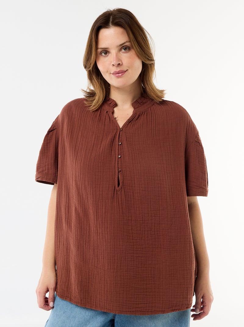 Blusa em gaze de algodão com gola franzida Castanho - Kiabi