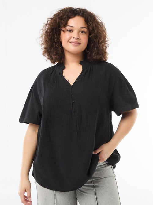 Blusa em gaze de algodão com gola franzida - Kiabi