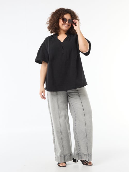 Blusa em gaze de algodão com gola franzida - Kiabi