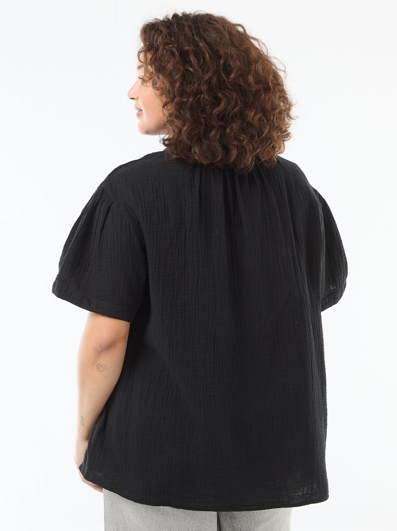 Blusa em gaze de algodão com gola franzida Preto - Kiabi