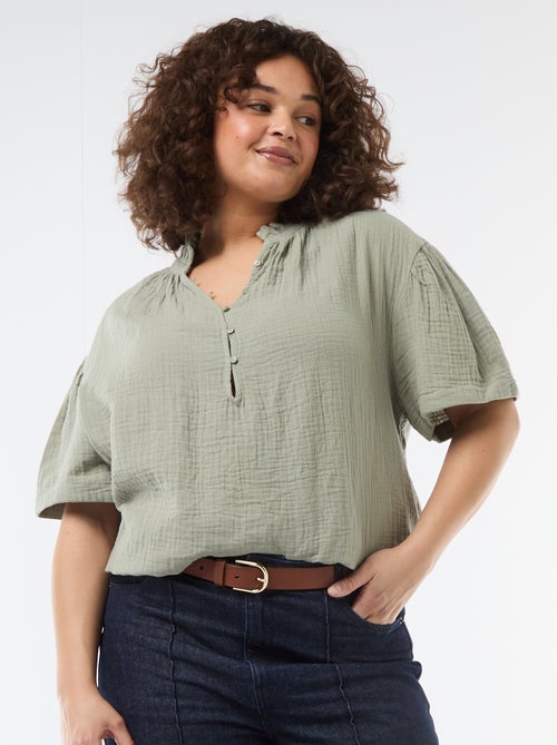 Blusa em gaze de algodão com gola franzida - Kiabi