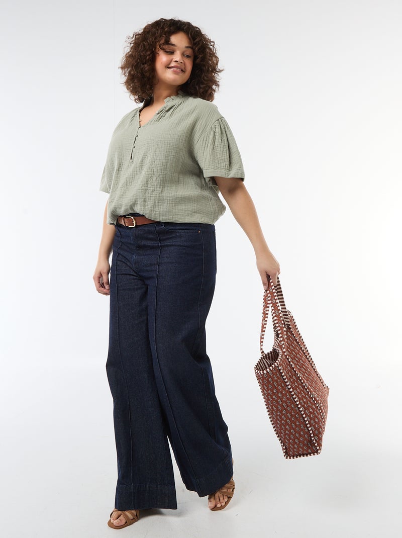 Blusa em gaze de algodão com gola franzida Verde - Kiabi