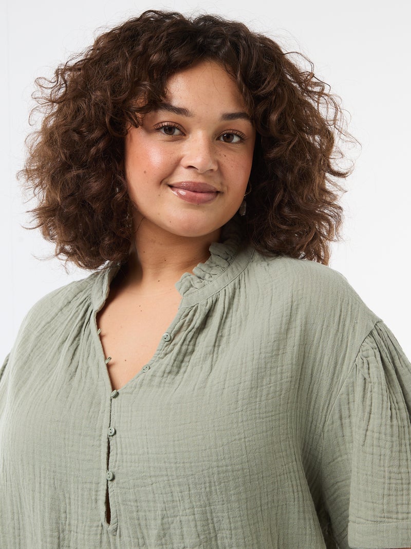 Blusa em gaze de algodão com gola franzida Verde - Kiabi