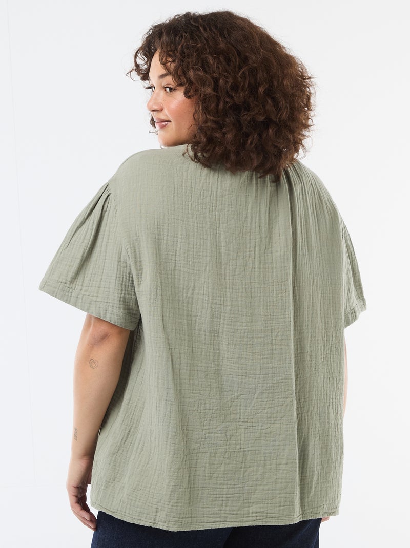 Blusa em gaze de algodão com gola franzida Verde - Kiabi