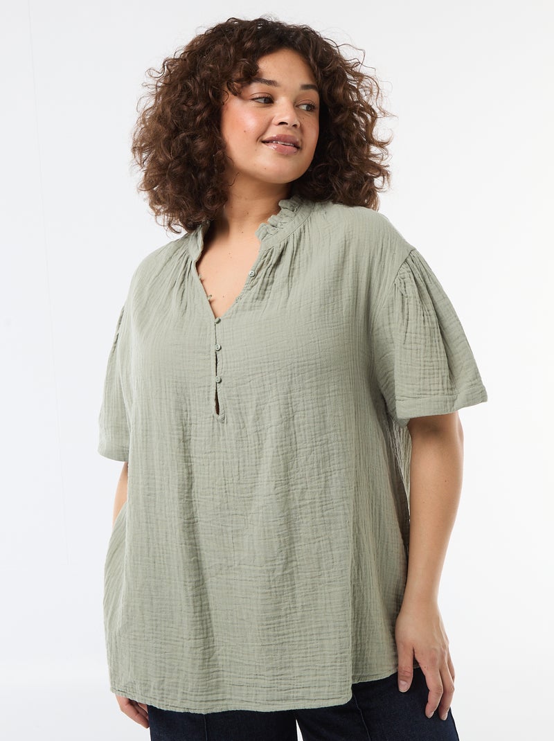 Blusa em gaze de algodão com gola franzida Verde - Kiabi