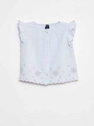 Blusa em gaze de algodão com mangas curtas com folhos