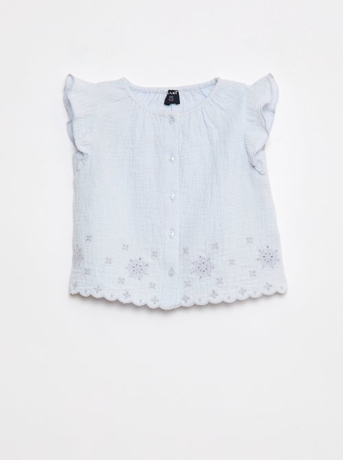 Blusa em gaze de algodão com mangas curtas com folhos - Kiabi