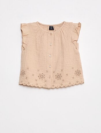 Blusa em gaze de algodão com mangas curtas com folhos