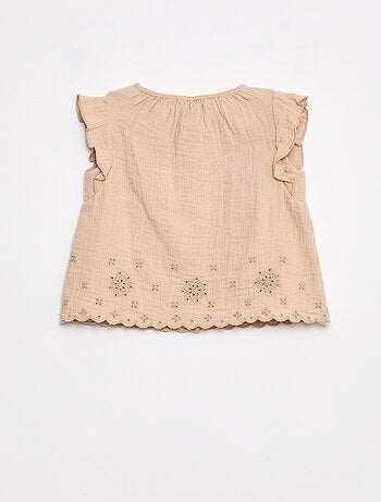 Blusa em gaze de algodão com mangas curtas com folhos