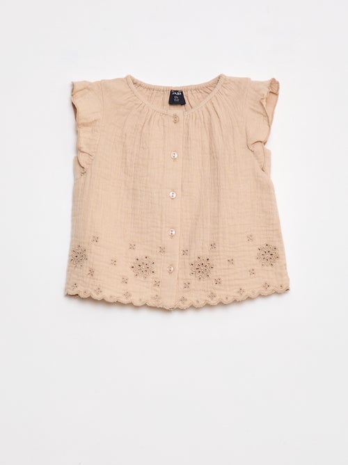 Blusa em gaze de algodão com mangas curtas com folhos - Kiabi