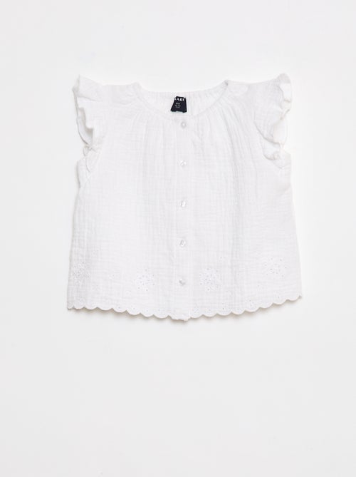 Blusa em gaze de algodão com mangas curtas com folhos - Kiabi