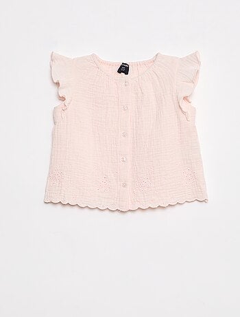 Blusa em gaze de algodão com mangas curtas com folhos