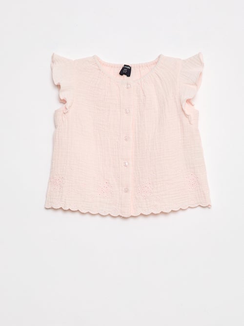 Blusa em gaze de algodão com mangas curtas com folhos - Kiabi