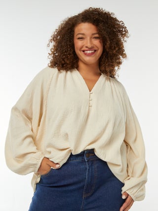 Blusa em gaze de algodão com mangas de balão