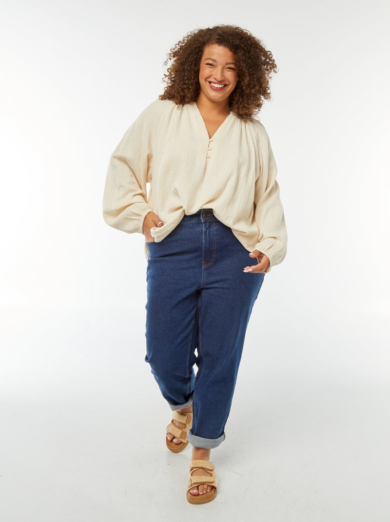 Blusa em gaze de algodão com mangas de balão Branco - Kiabi