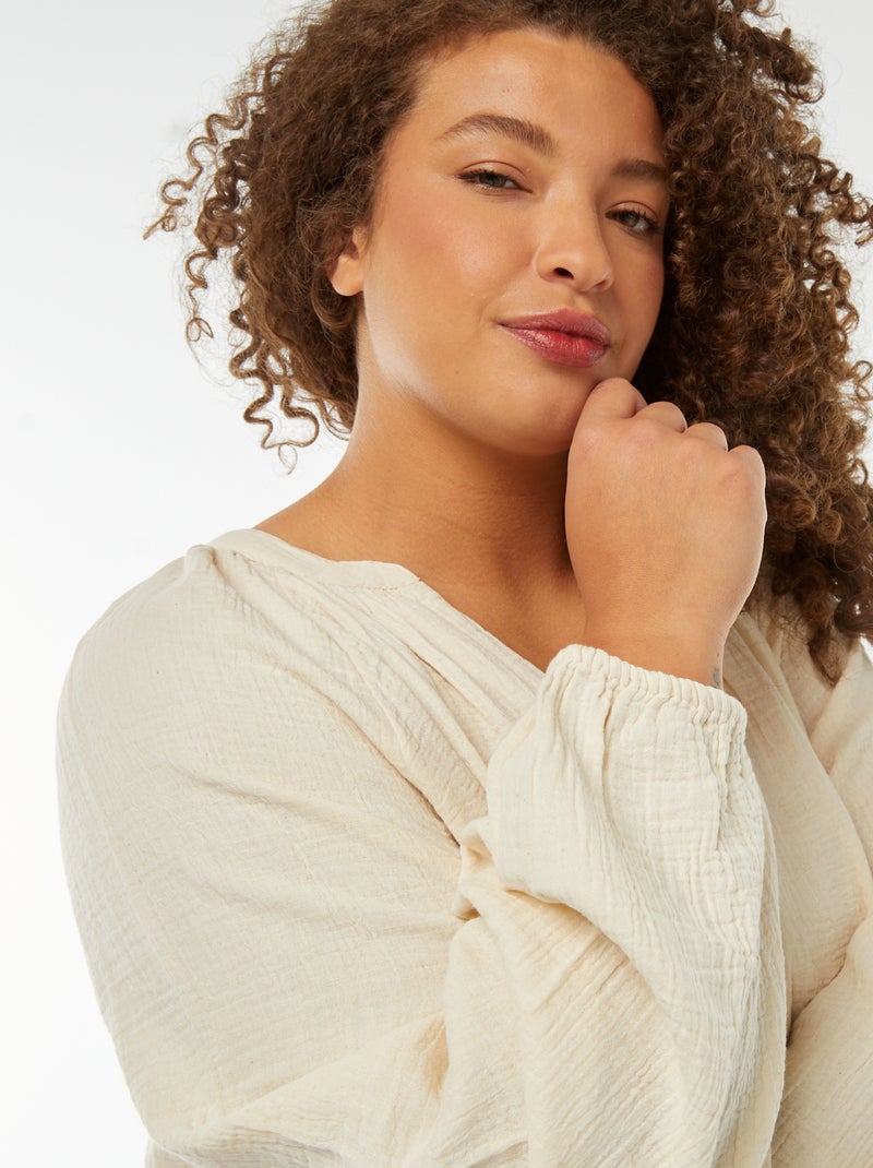 Blusa em gaze de algodão com mangas de balão Branco - Kiabi