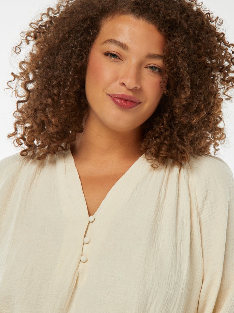 Blusa em gaze de algodão com mangas de balão Branco - Kiabi