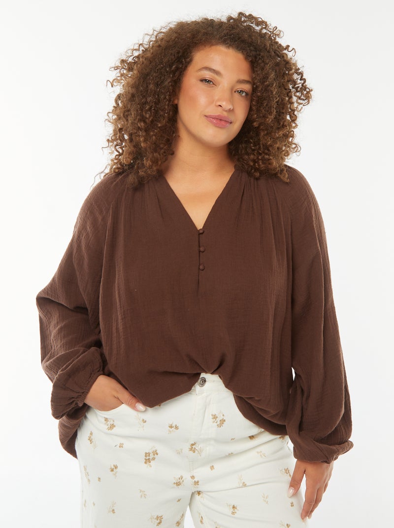 Blusa em gaze de algodão com mangas de balão Castanho - Kiabi