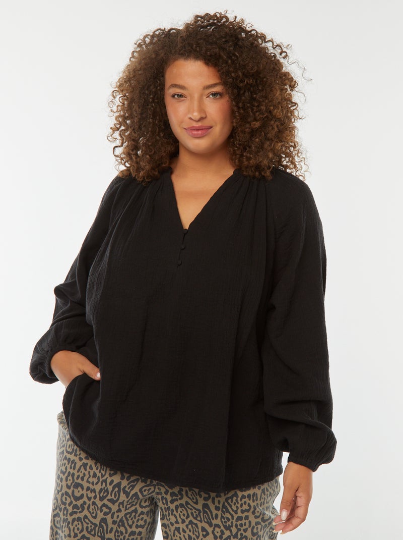 Blusa em gaze de algodão com mangas de balão Preto - Kiabi