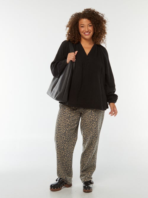 Blusa em gaze de algodão com mangas de balão - Kiabi