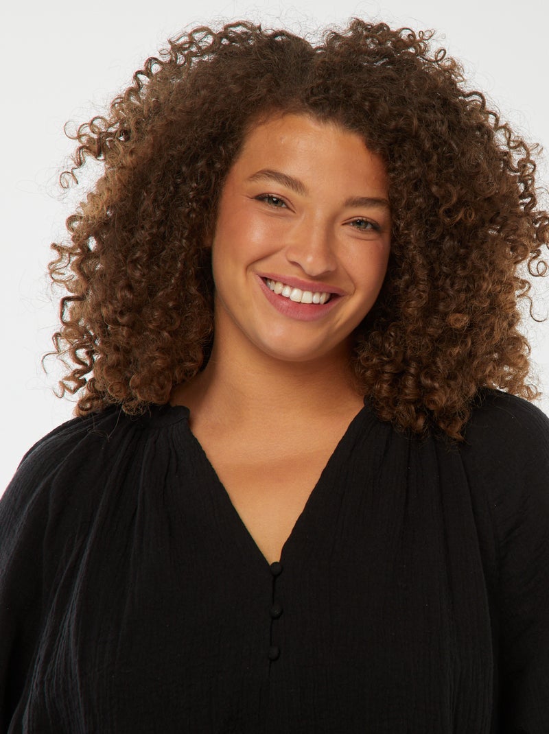 Blusa em gaze de algodão com mangas de balão Preto - Kiabi