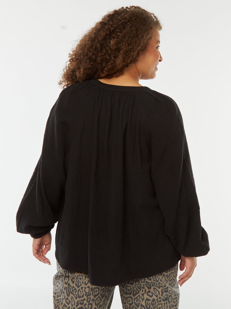 Blusa em gaze de algodão com mangas de balão Preto - Kiabi