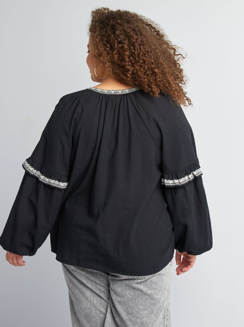 Blusa em gaze de algodão com motivos bordados Preto - Kiabi