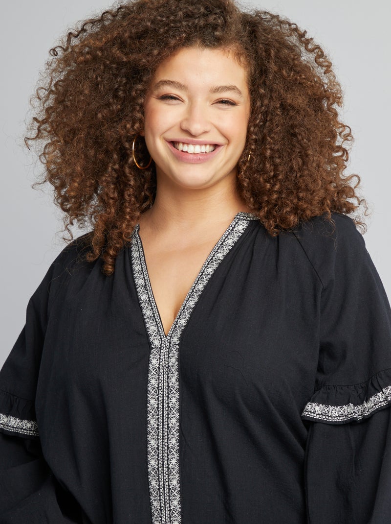 Blusa em gaze de algodão com motivos bordados Preto - Kiabi