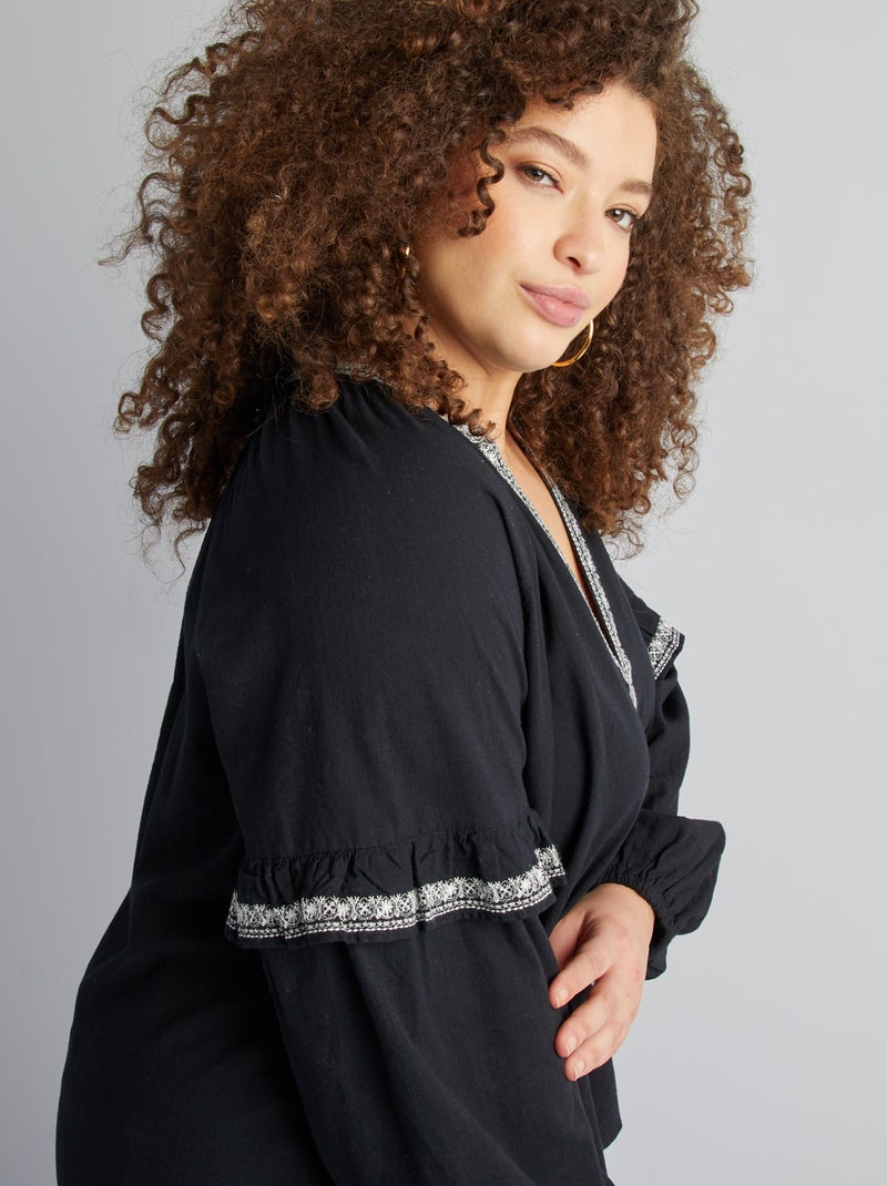 Blusa em gaze de algodão com motivos bordados Preto - Kiabi