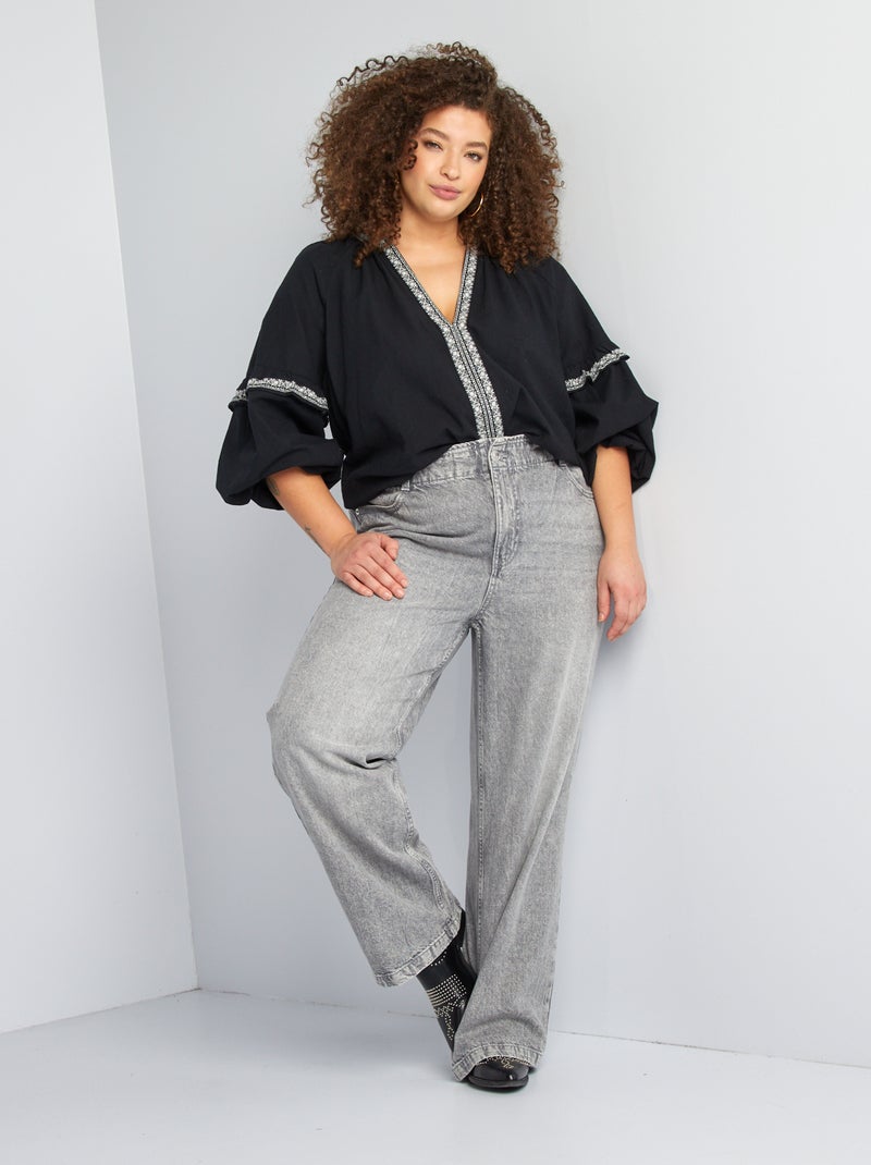 Blusa em gaze de algodão com motivos bordados Preto - Kiabi