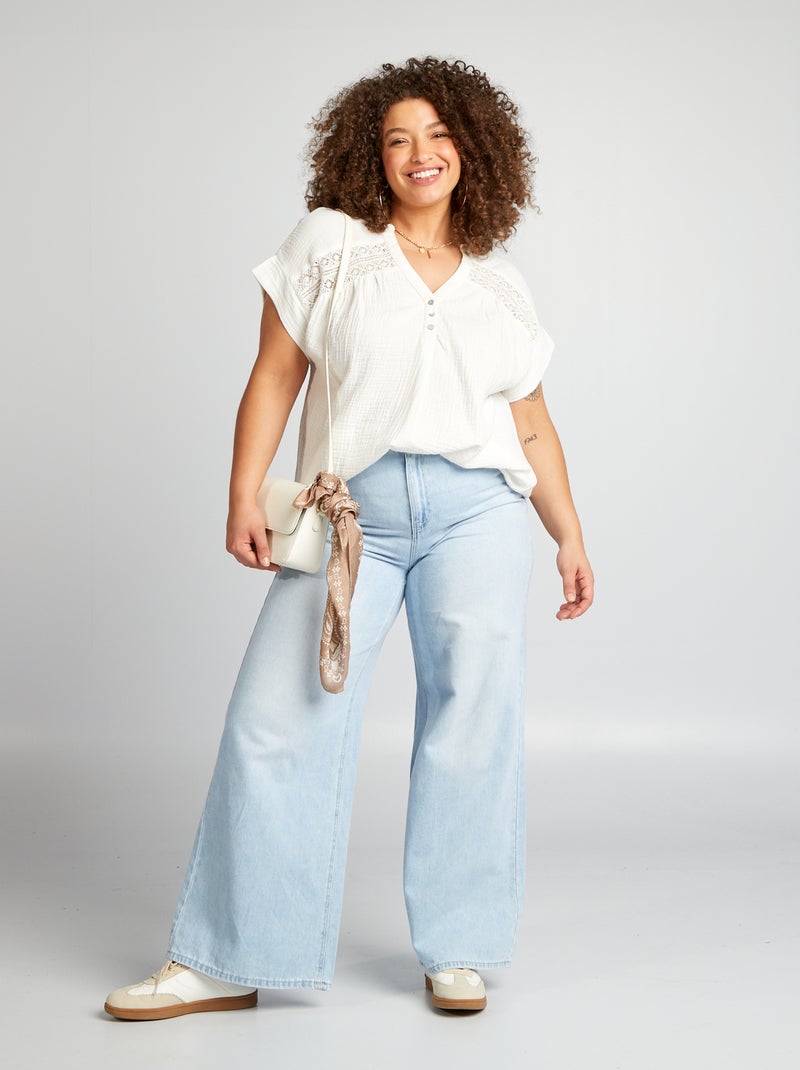 Blusa em gaze de algodão de manga curta Branco - Kiabi