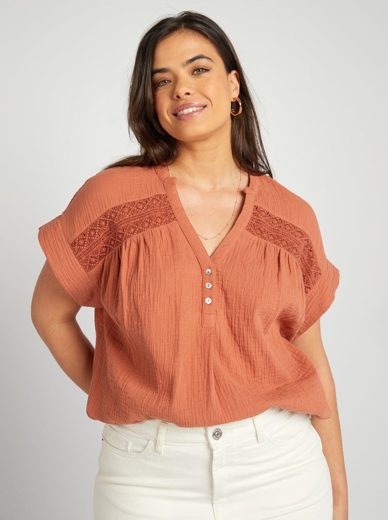Blusa em gaze de algodão de manga curta MARROM - Kiabi