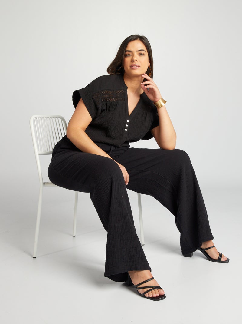 Blusa em gaze de algodão de manga curta Preto - Kiabi