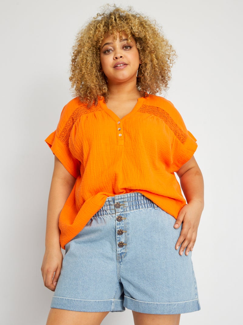 Blusa em gaze de algodão Laranja - Kiabi