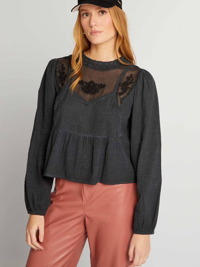 Blusa em gaze de algodão Preto - Kiabi