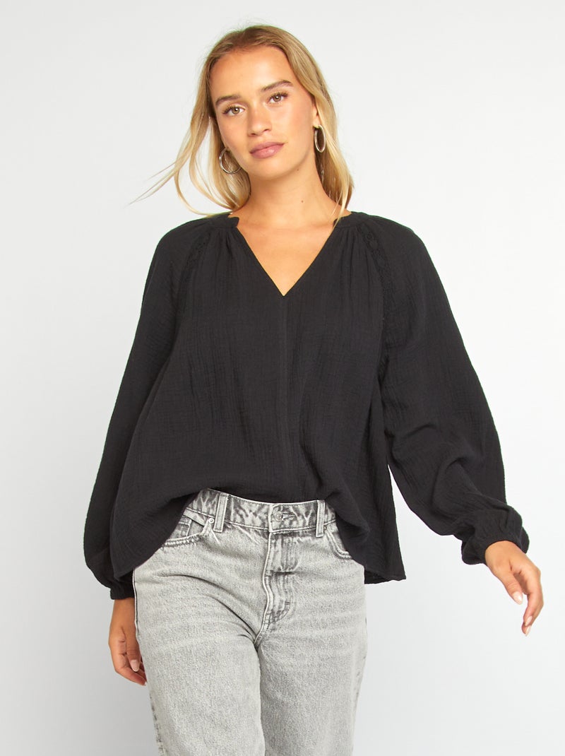 Blusa em gaze de algodão Preto - Kiabi