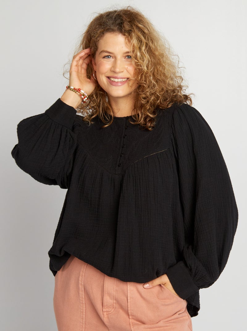 Blusa em gaze de algodão Preto - Kiabi