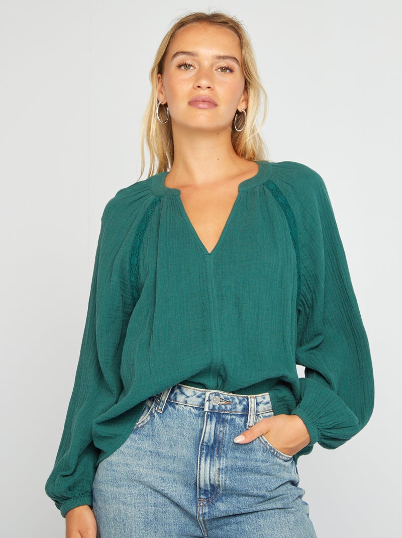 Blusa em gaze de algodão VERDE - Kiabi