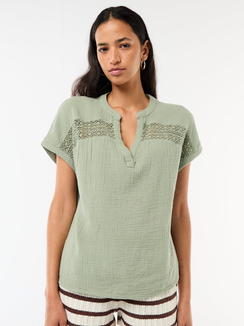 Blusa em gaze dupla de algodão com bordados Azul - Kiabi