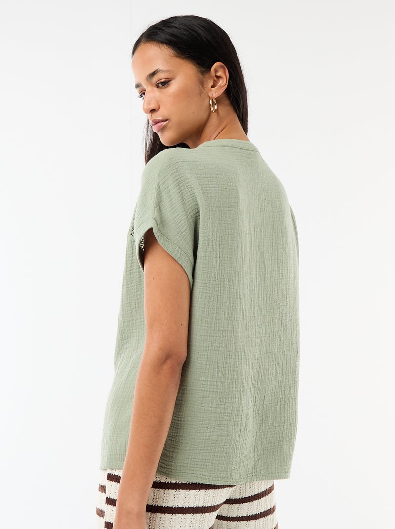 Blusa em gaze dupla de algodão com bordados Azul - Kiabi