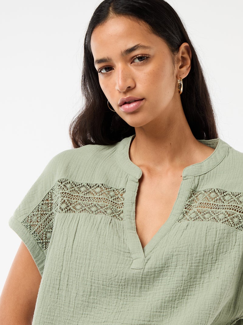 Blusa em gaze dupla de algodão com bordados Azul - Kiabi
