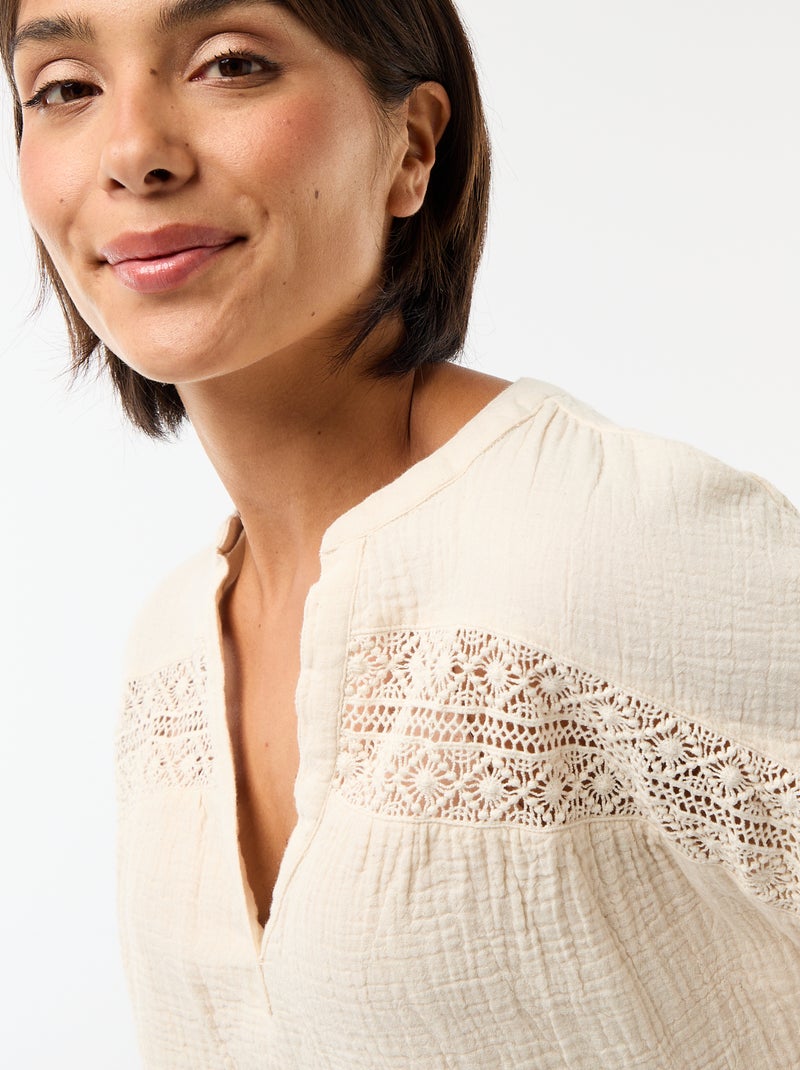 Blusa em gaze dupla de algodão com bordados Branco - Kiabi