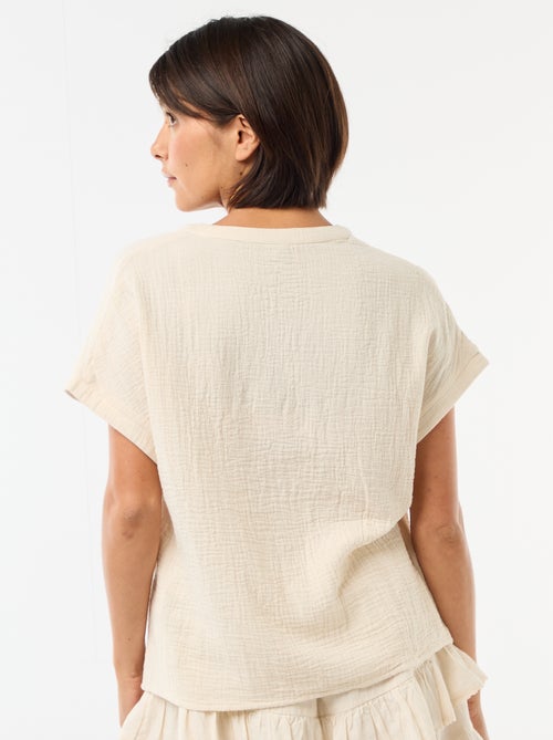 Blusa em gaze dupla de algodão com bordados - Kiabi