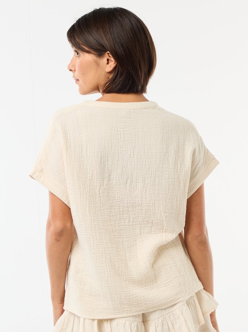 Blusa em gaze dupla de algodão com bordados Branco - Kiabi