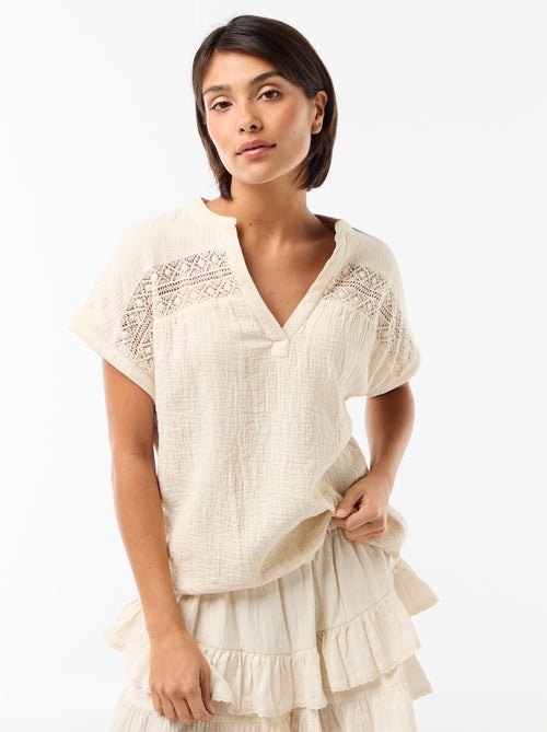 Blusa em gaze dupla de algodão com bordados - Kiabi
