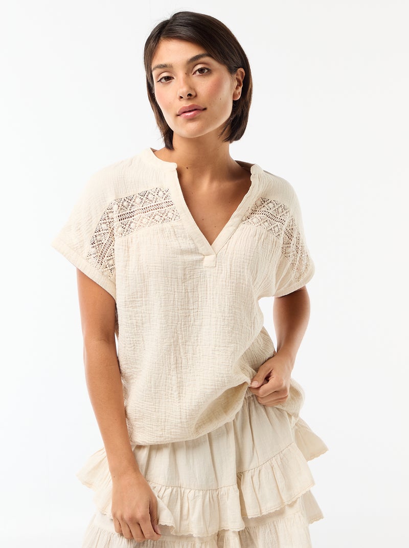 Blusa em gaze dupla de algodão com bordados Branco - Kiabi