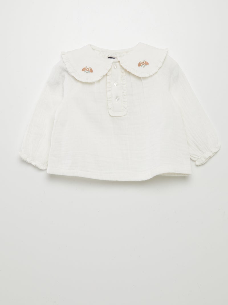 Blusa em gaze dupla de algodão com gola claudine BRANCO - Kiabi
