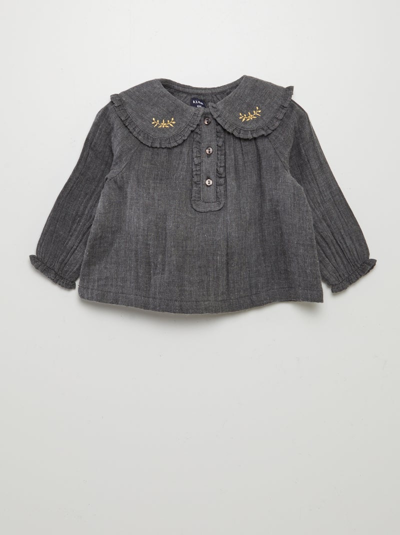 Blusa em gaze dupla de algodão com gola claudine CINZA - Kiabi