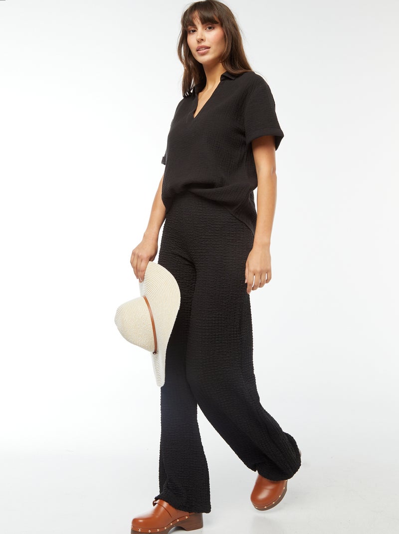 Blusa em malha crepe com gola de polo Preto - Kiabi